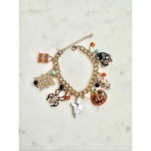 Halloween Charm Bracelet Ghost Pumpkin Black Cat Spider Skull Gold
